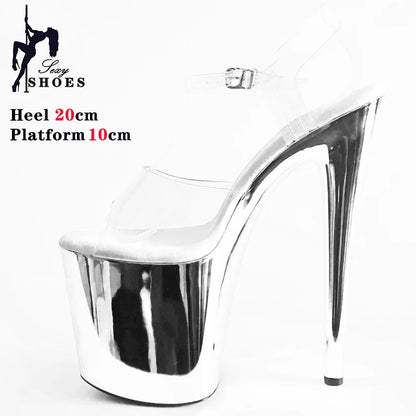 Purple 20cm/8 inch High Heel Sandals Transparent upper Electroplated Stiletto Heels Pole Dancing Sandals for Women Shoes Party
