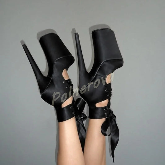 Women Satin Pole Dance Ankle Boots Platform Super High Stiletto Heels Cutout Lace Up Ribbon Shoes Bow Peep Toe Solid Shoes