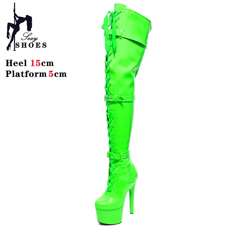New Punk Fetish Shoes Over-the-Knee Thigh Boots 15CM Ultra High Heels Stripper Platform Long Boots Women Pole Dance Modern Boots