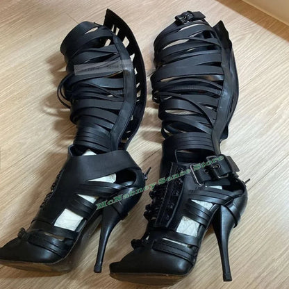 Straps Hollow Leather Sandals Open Tos Solid Stiletto Heels Knee High Sandals Boots Zipper Women Sexy Shoes Summer Party Design