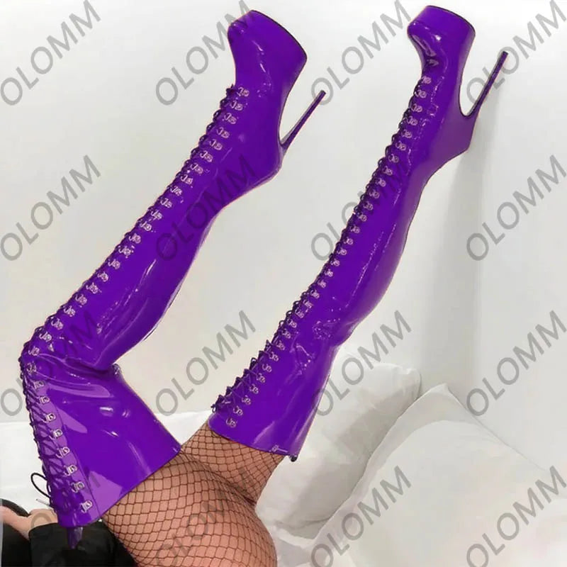 Handmade Purple Over The Knee Boots - Patent Leather Platform Stiletto Lace Up OTK Boots Plus US Size 5-20