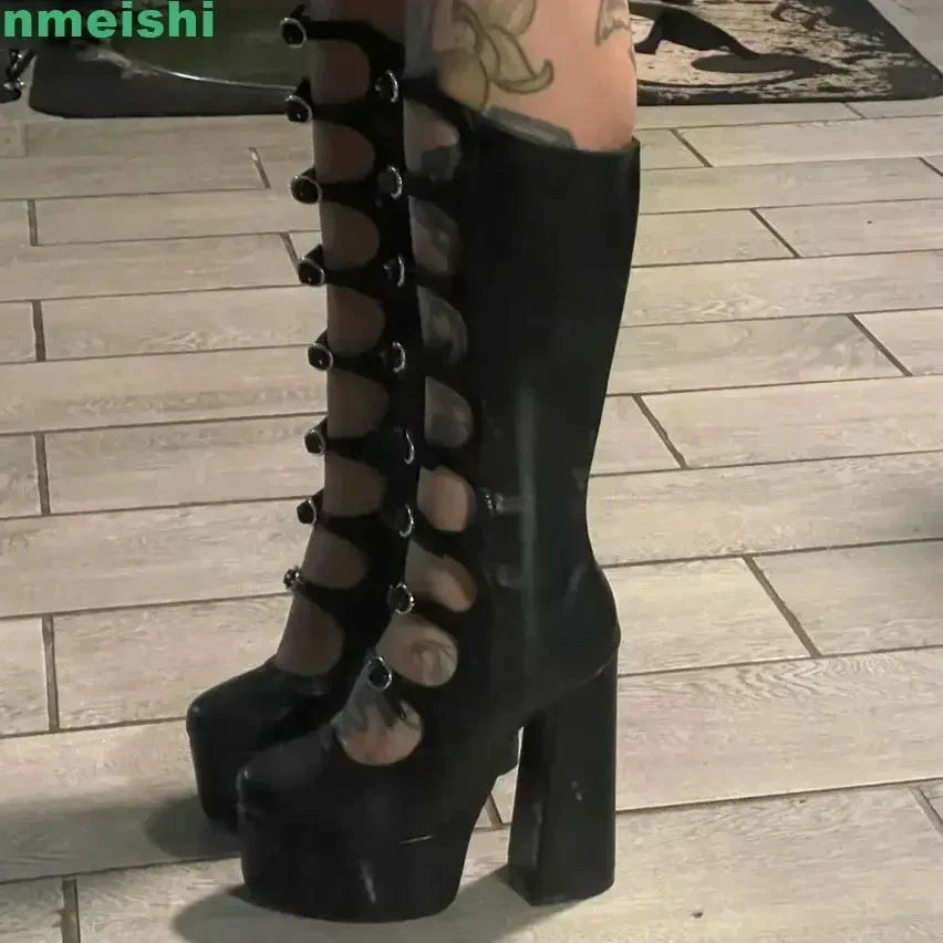 2026 New Hollow Mid-Calf Boots Platform Zipper Square Heel Buckle Strap Women Pole Dance Shoes Fashion Round Toe Sexy Boots