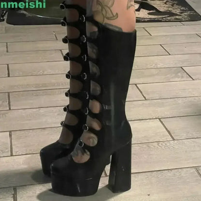 2026 New Hollow Mid-Calf Boots Platform Zipper Square Heel Buckle Strap Women Pole Dance Shoes Fashion Round Toe Sexy Boots