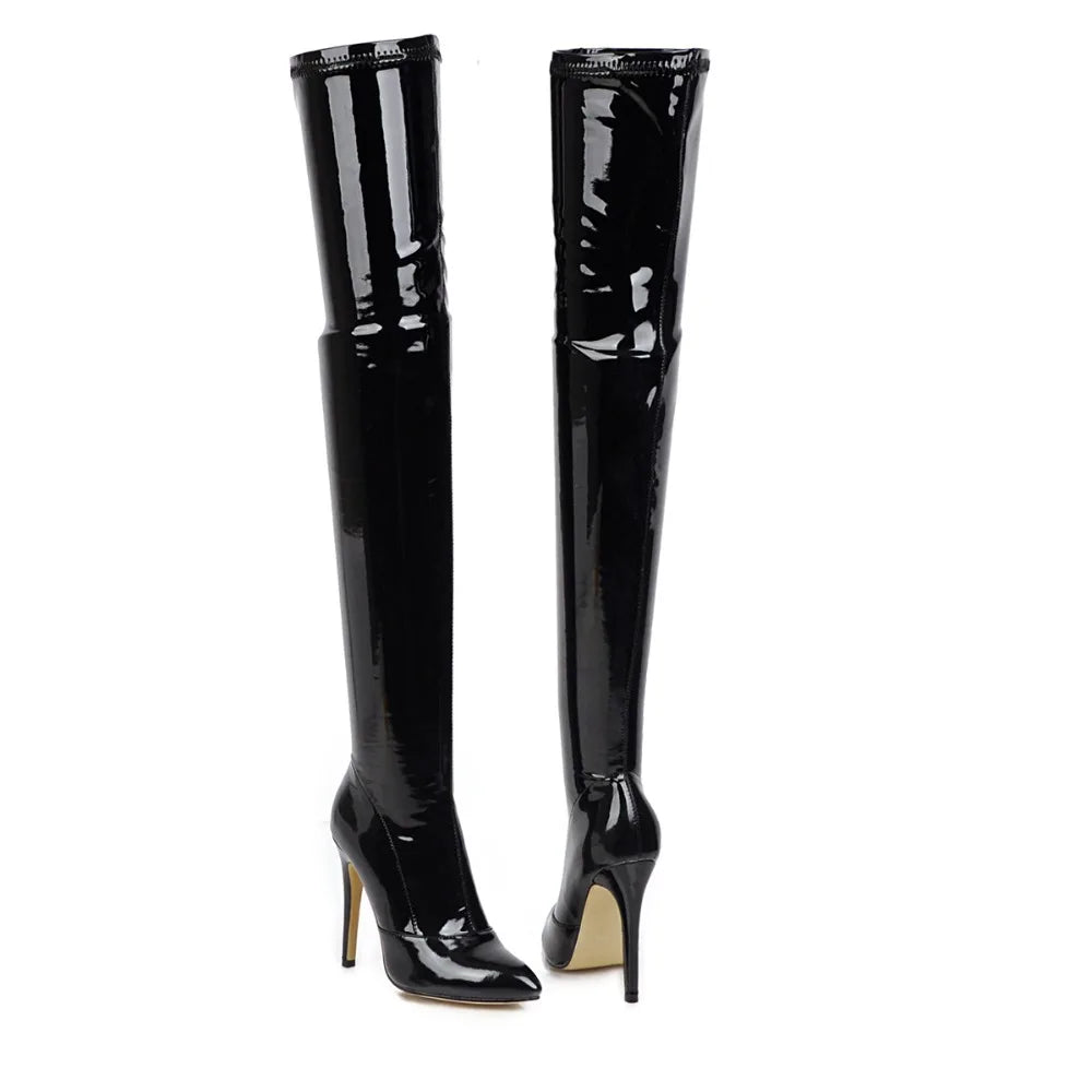 Sgesvier Plus Size 49 Thigh High Boots Women Sexy Patent Leather Stretch Shoes Women Zipper Dance Pole Jazz Slim Long Boots