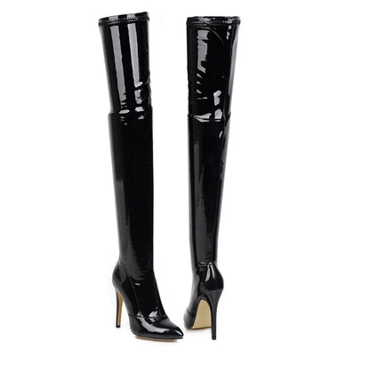 Sgesvier Plus Size 49 Thigh High Boots Women Sexy Patent Leather Stretch Shoes Women Zipper Dance Pole Jazz Slim Long Boots