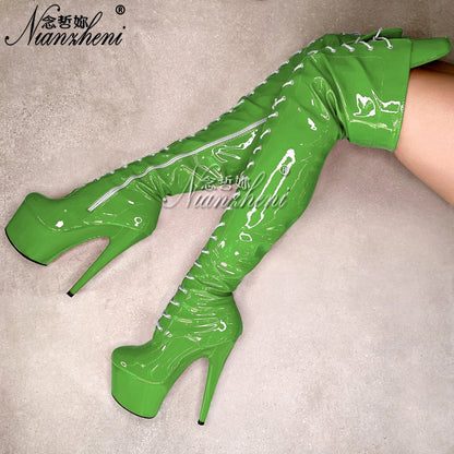 Red Queen Gothic lady Motorcycle 17cm over the Knee Bootsg Platform 8inch High Heels Pole Dance Shoes Exotic Stripper Nightclub