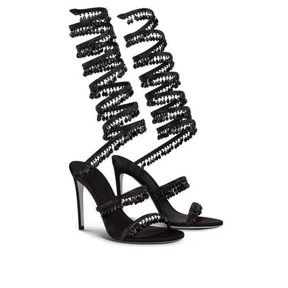 Thin high-heeled sandals summer new snake-shaped wrapped crystal pendant fringed rhinestone shoes banquet large-size women shoes