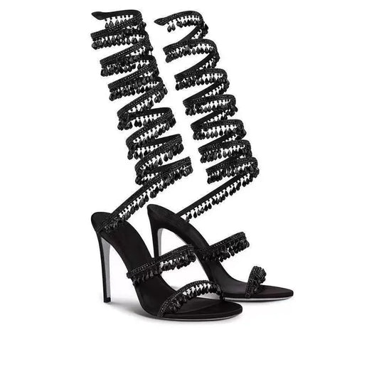 Thin high-heeled sandals summer new snake-shaped wrapped crystal pendant fringed rhinestone shoes banquet large-size women shoes