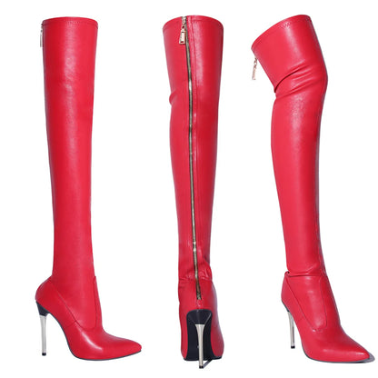New Black Women's Boots Fashionable Solid Color Thin High Heel Metal Back Zipper Over Knee Boots for Women