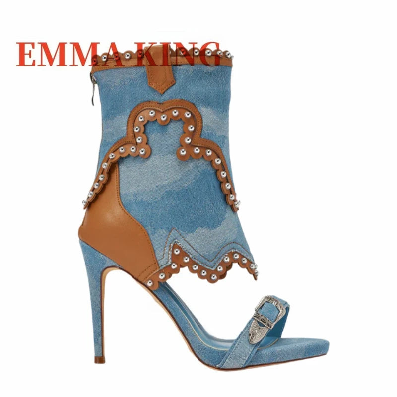 Cow Print Cowboy Style High Heel Sandals for Women Open Toe Stiletto Heels with Studded Western Ankle High Party Club Shoes