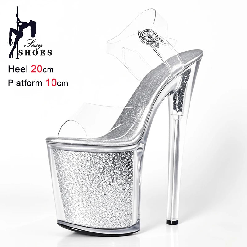 20CM/8inche Exotic Stripper High Heel Sandals Transparent Upper Glitter Stiletto Heels Pole Dancing Women Shoes Sequin Platform