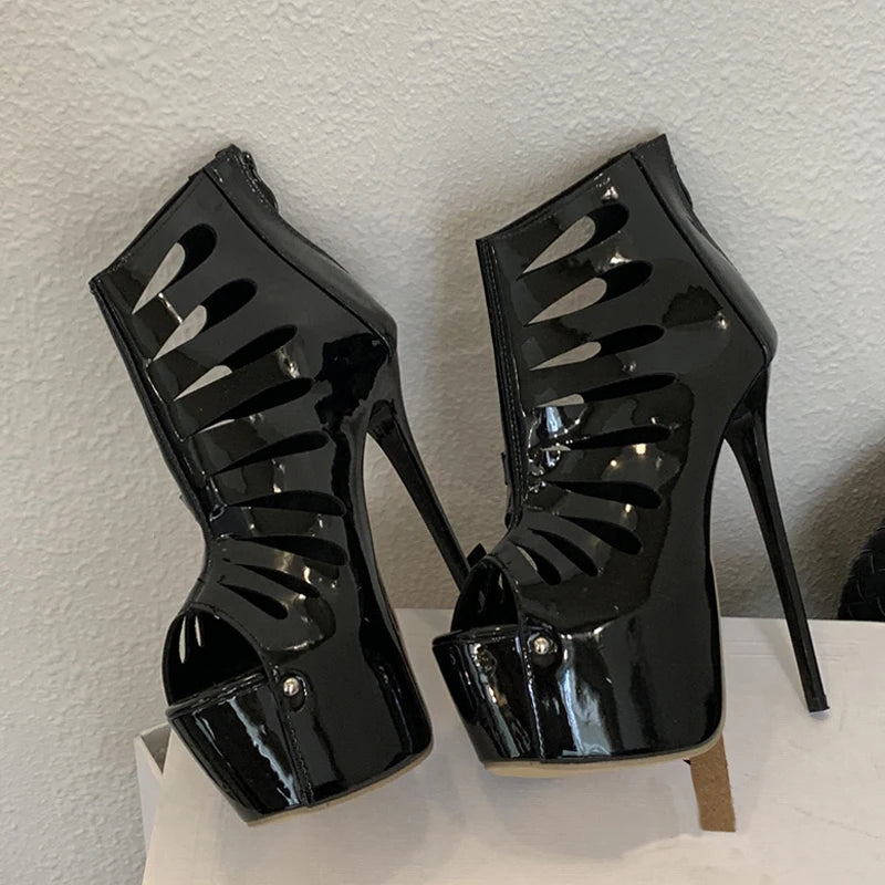 Liyke Black Women Sexy Peep Toe Party Stripper Pole Dance Shoes Fashion Zip Ankle Boots Super High Heels Platform Booties Female