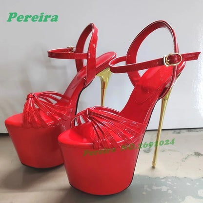 Red Twist Knot Platform Pole Dancing Shoes Open Toe Cut Out Stiletto High Heels Women's Sandals Slingback Buckled Nightclub Shoe