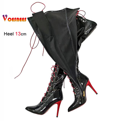 Sexy Dance Shoes 13cm Thin Heels Lady Sexy Black Over Knee Long Boots T Show Pointy Toe Club Thigh High Party Shoes For Women