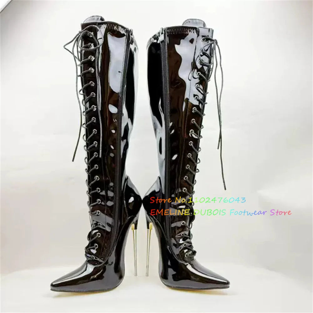 18cm Heel Stiletto Women Knee High Boots Patent Leather Pole Dancing Side Zip Lace Up Metal High Heel Sexy Knee High Boot