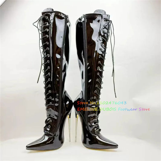 18cm Heel Stiletto Women Knee High Boots Patent Leather Pole Dancing Side Zip Lace Up Metal High Heel Sexy Knee High Boot