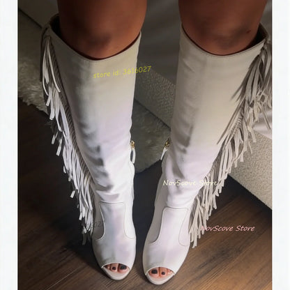 Peep Toe White Tassels Knee High Boots Side Zip Sewing Fringe Sexy Women Stiletto High Heels Long Booties Daily Shoes Party