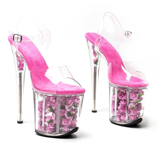 Leecabe 8Inch/20cm PVC upper  Pink  rose transparency   Platform Sandals  party High Heels Shoes Pole Dance Shoes
