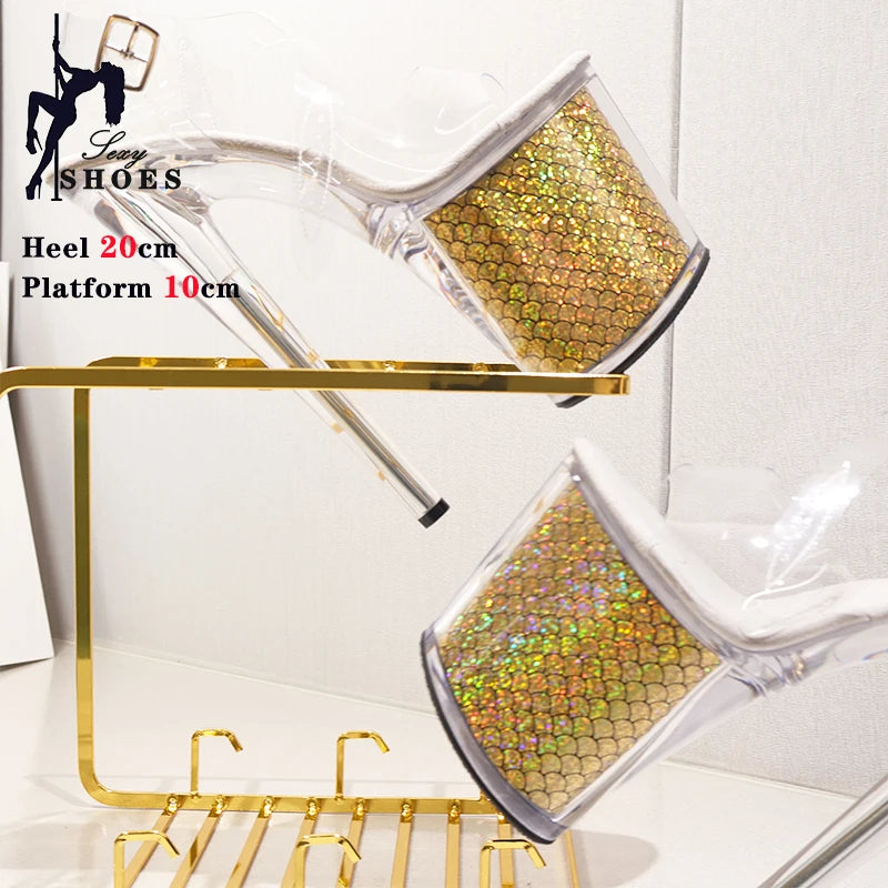20cm/8Inch Crystal Transparent Women Sandals Models Dress Pole Dance Antiskid Shoes Bling Platform Buckle High Heel Party Shoes