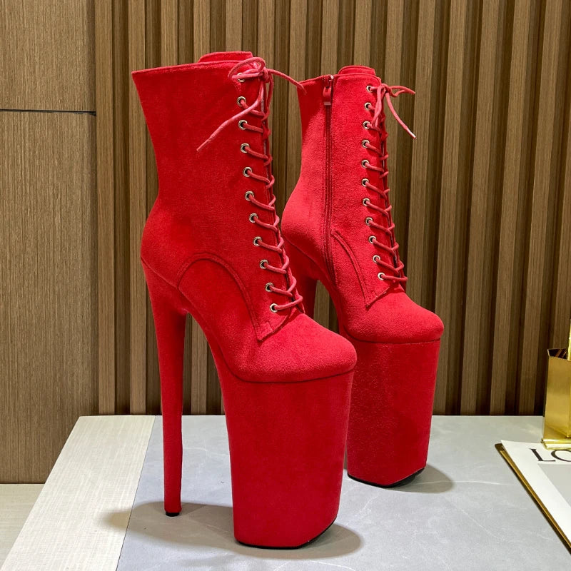2025 Women Sexy Fashion Ankle Boots 26cm Super High Thin Heel Round Toe Lace Up Flannel Pole Dance Boots Catwalk Stage Shoes