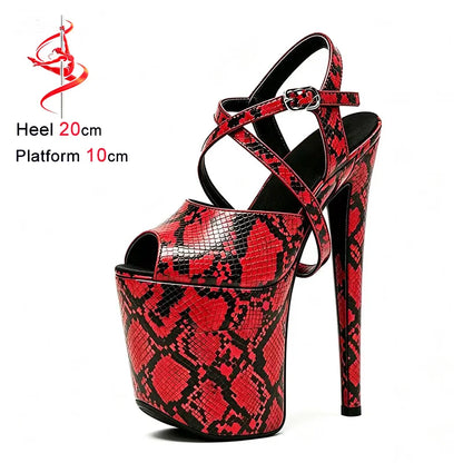2026 Summer Sexy Runway Shoes Peep Toe Snakeskin Pattern Sandals For Woman 20CM Super High Thin Heels Nightclub Platform Sandals