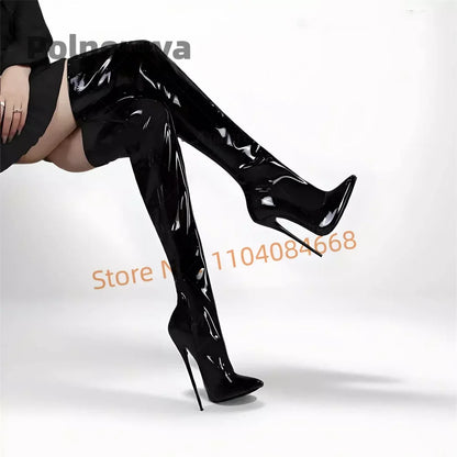 16Cm Patent Leather Long Boots Women Black Pointed Toe Stiletto Sexy Winter Over The Knee Boots Stylish Women's Large Size Shoes