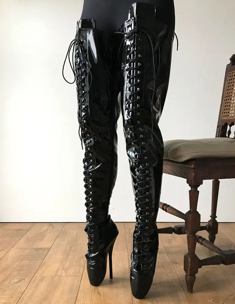 Sexy Patent Leather Round Toe Over-The-Knee Women Ballet Boots Stilrtto High Heels Lace Up Design Large Size Dress Shoes