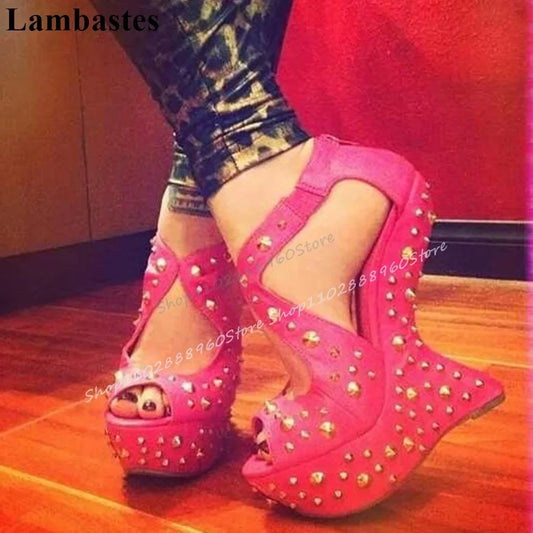 Rose Red Leather Rivet Platform Sandals Strange Style Heel Shoes For Women Back Zipper Peep Toe 2025 Fashion Zapatillas Mujer