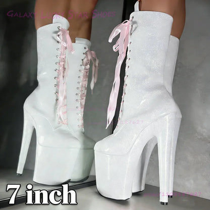 Sparkling Pink Fine Shimmer Glitter Pole Dance Boots Women Red Lace-Up 20Cm Platform White Bling Sequins Glossy Red Zipper Heels