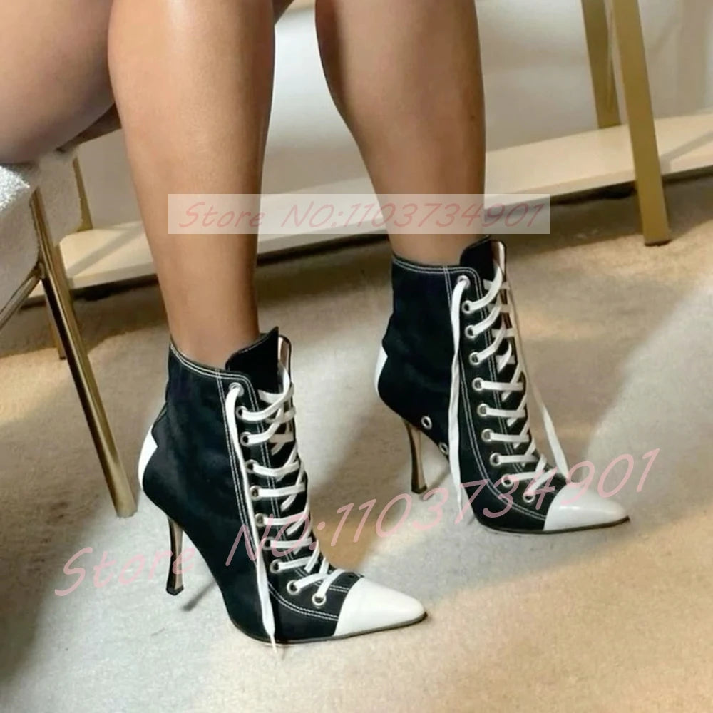 Splicing Pointed Toe Stiletto Boots Women Black Denim Lace-up High Heels Sneakers Female Sexy Fashion Ankle Boots