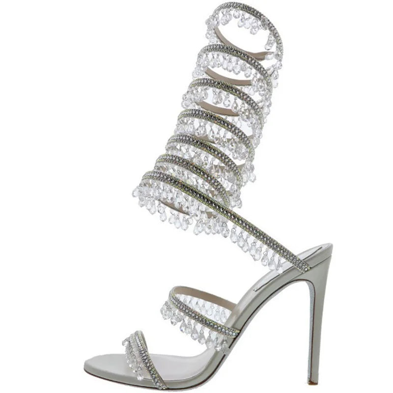 Thin high-heeled sandals summer new snake-shaped wrapped crystal pendant fringed rhinestone shoes banquet large-size women shoes