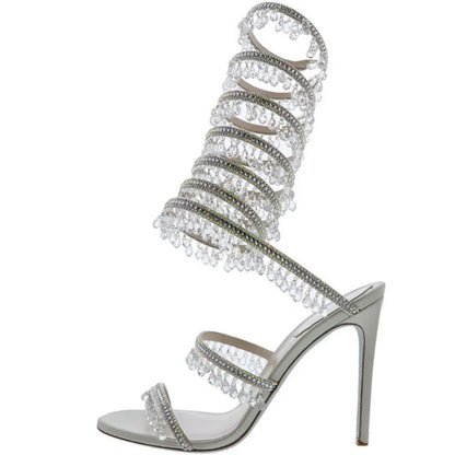 Thin high-heeled sandals summer new snake-shaped wrapped crystal pendant fringed rhinestone shoes banquet large-size women shoes