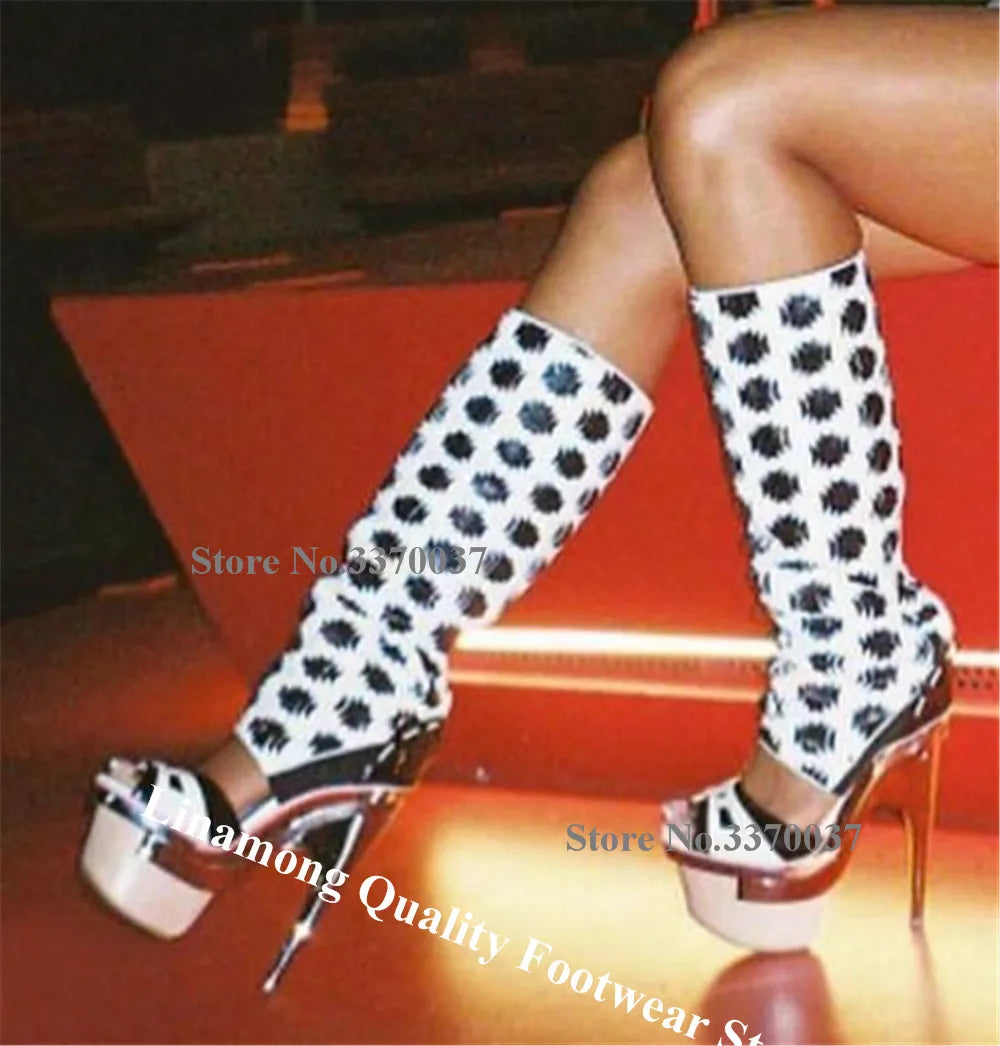 Linamong Sexy Printed Leather High Platform Thin Heel Knee High Boots Patchwork Cut-out Stiletto Gladiator Long Boots