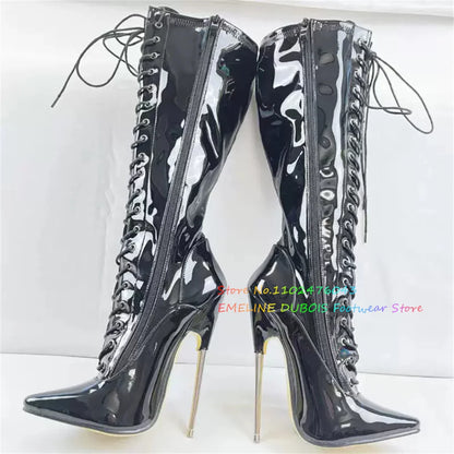 18cm Heel Stiletto Women Knee High Boots Patent Leather Pole Dancing Side Zip Lace Up Metal High Heel Sexy Knee High Boot