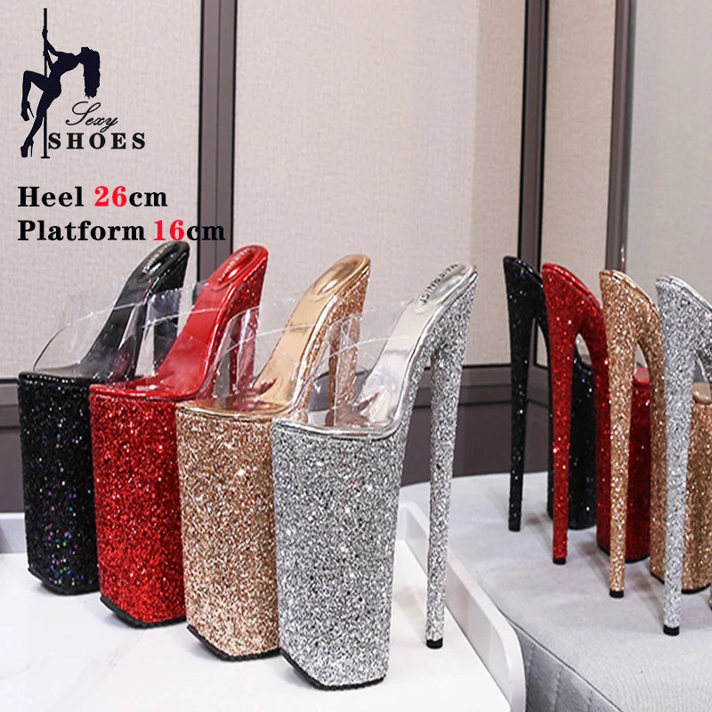 26CM/10Inchs Shiny Crystal PU High Heels Ultrahigh Heel Stripper Slippers Sandals Pole Dance Shoes Party Models Stage Show Shoes