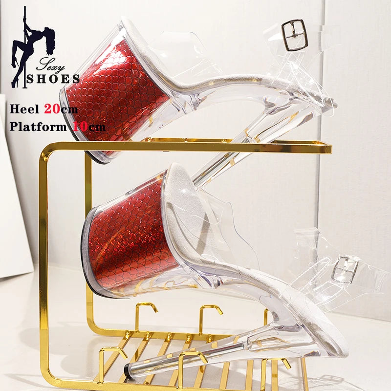 New Leopard Print Crystal Transparent Bling Women Sandals Dress Pole Dance Antiskid Shoes Platform Buckle High Heels Party Shoes