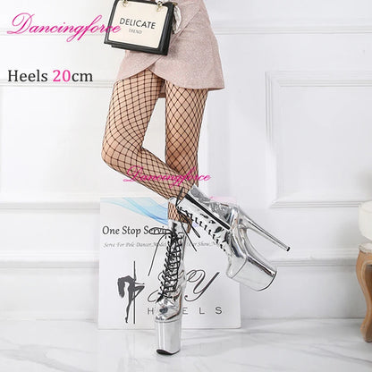 20cm/8Inch Glossy Silver Holographic Ankle Boots Sexy Pole Dance Shoes Women Thin Heels Stripper Platform Short Boots EU43