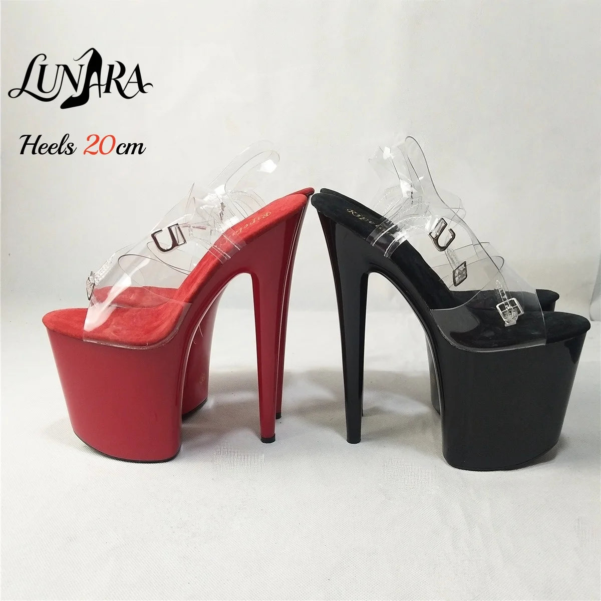 Womens 20cm/8Inch Red Clear Ankle Strap Buckle Open Toe Platform Stilettos Sandals Exotic Stripper shoes Nightclubs Rave Parties