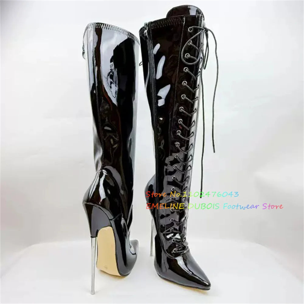 18cm Heel Stiletto Women Knee High Boots Patent Leather Pole Dancing Side Zip Lace Up Metal High Heel Sexy Knee High Boot