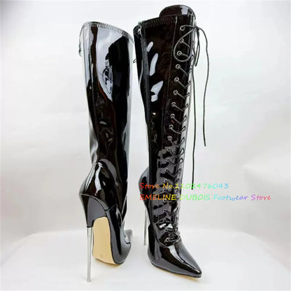 18cm Heel Stiletto Women Knee High Boots Patent Leather Pole Dancing Side Zip Lace Up Metal High Heel Sexy Knee High Boot