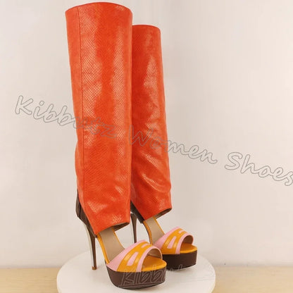 Sandal Boots Knee High Platform Patchwork Leather Round Toe Thin High Heels Fashion Novelty Concise Sexy Pub Girls Shoes Newest