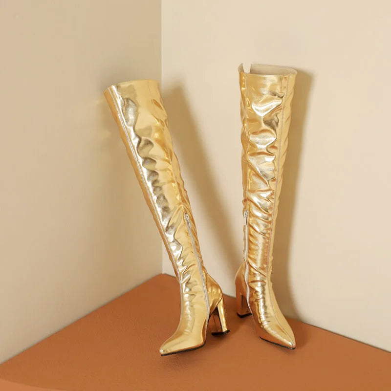 Sexy Over the Knee High Boots Women Party Dance Winter Shoes Ladies Silver Gold Thick High Heel Custom
