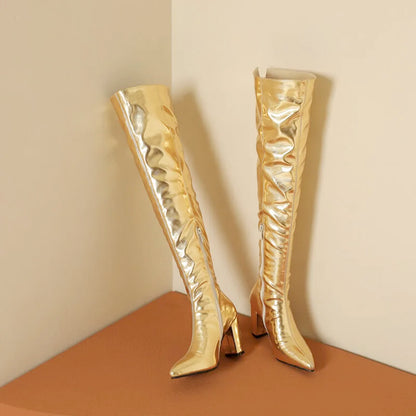 Sexy Over the Knee High Boots Women Party Dance Winter Shoes Ladies Silver Gold Thick High Heel Custom