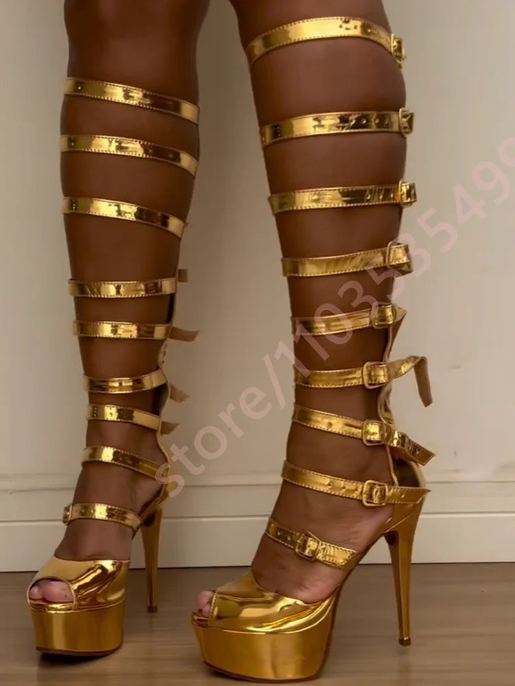 Metallic Gold Thigh High Heels Gladiator Wrap Strap Design Ultra High Stiletto Platform Shiny Party Runway Sandals for Women