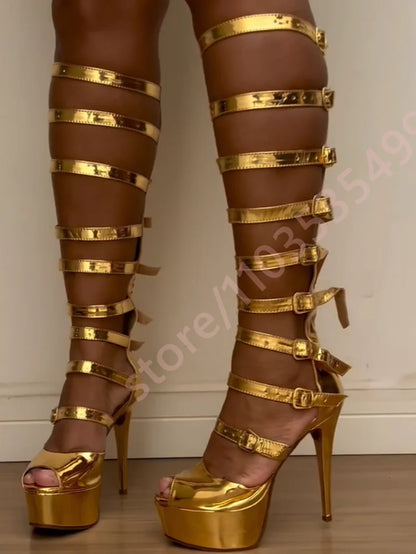Metallic Gold Thigh High Heels Gladiator Wrap Strap Design Ultra High Stiletto Platform Shiny Party Runway Sandals for Women