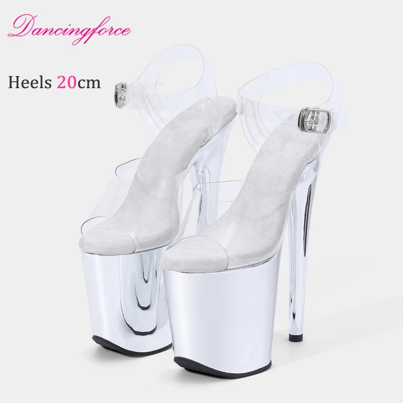 20CM/8inches Luxury Transparent TPU Upper Chrome Platform Pole Dance Shoes Women Sandals Stripper High Heels Open Toe