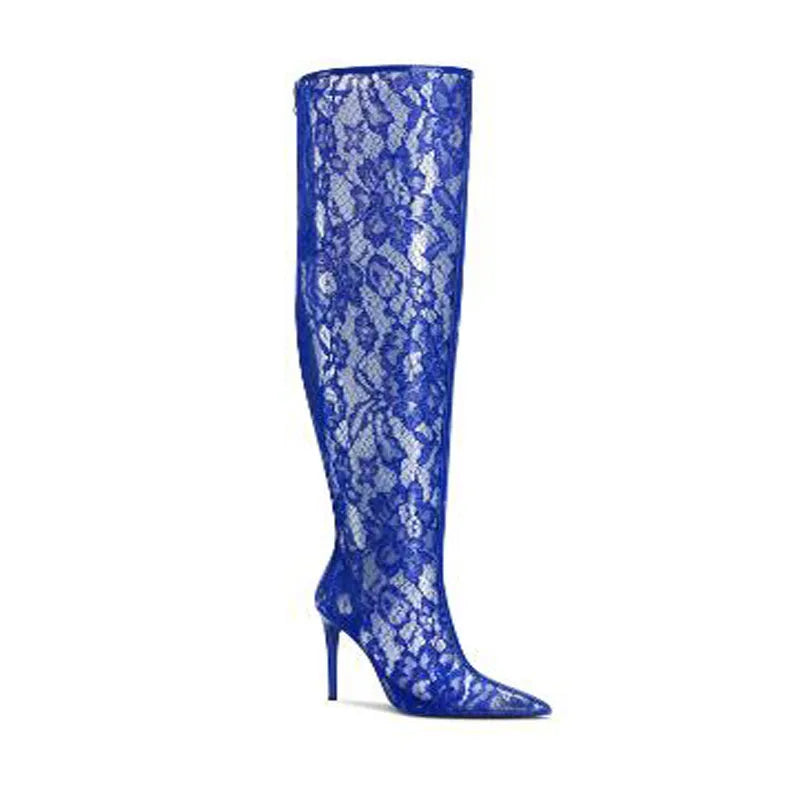 Summer Woman Black Blue Red Lace Clear PVC Air Mesh Pointed Toe 10 12 CM Thin Heels Over The Knee Boots Female Sexy Thigh Boots