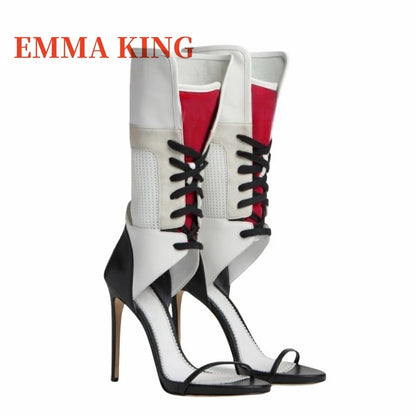 Sexy Patchwork Ankle Boots Pointed Toe Lace-Up High Heel Pumps Women Multi Color Gladiator Sandals Sexy Nightclub Women's Shoes