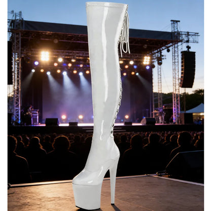Black Lace up Patent Leather Boots Solid Stiletto Side Zipper Performance for Women Dancing Over Knee Boots Zapatos Para Mujere