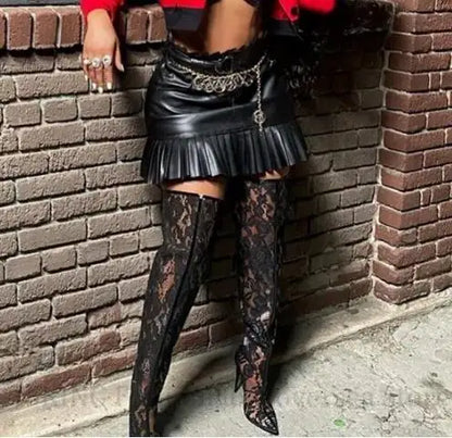 Summer Woman Black Blue Red Lace Clear PVC Air Mesh Pointed Toe 10 12 CM Thin Heels Over The Knee Boots Female Sexy Thigh Boots